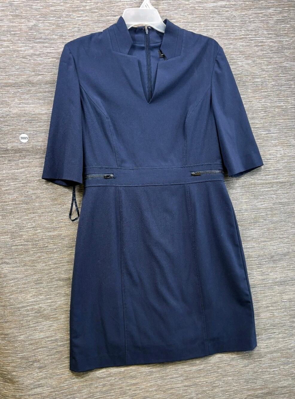 Tahari Sheath Dress Womens Size 16 Navy Blue 3/4 Sleeve V-Neck Zip Pockets